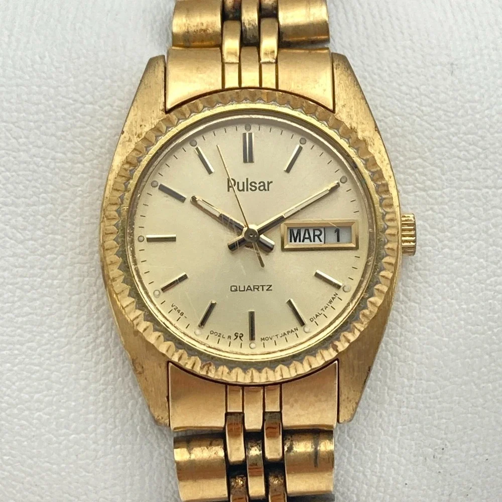 Vtg Pulsar Women's Watch 24mm Gold Tone V248-0020 Day Date New Battery SMALL 6